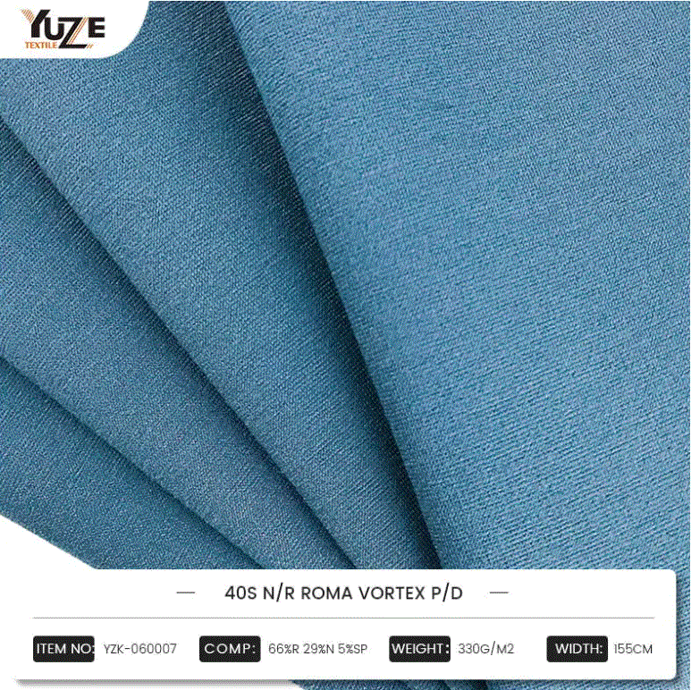YZK-060007 40S N/R ROMA VORTEX P/D: Kombiniranje mješavina visokih performansi od rajona, najlona i spandexa, tehnologija vrtložnog vrtloga Vortex stvara izdržljiv i udoban modni izbor